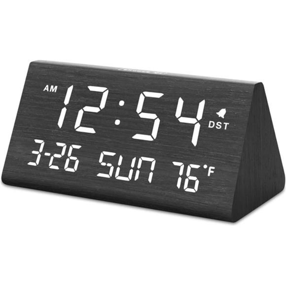Digital Alarm Clocks for Bedrooms - Wooden Electric Clock with USB Ports, Date - Picture 1 of 6